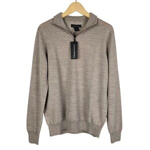 NWT Christian Lacroix Men's Beige Extra Fine Merino Wool 1/4 Zip Sweater Soft M